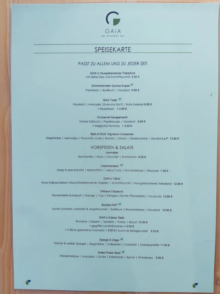 Speisekarte, Gaia Restaurant