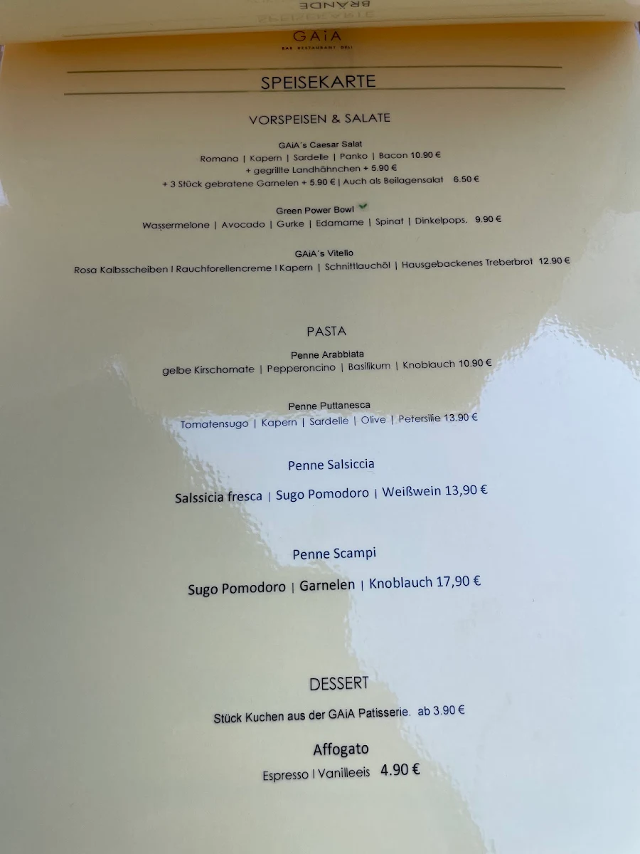 Speisekarte, Gaia Restaurant