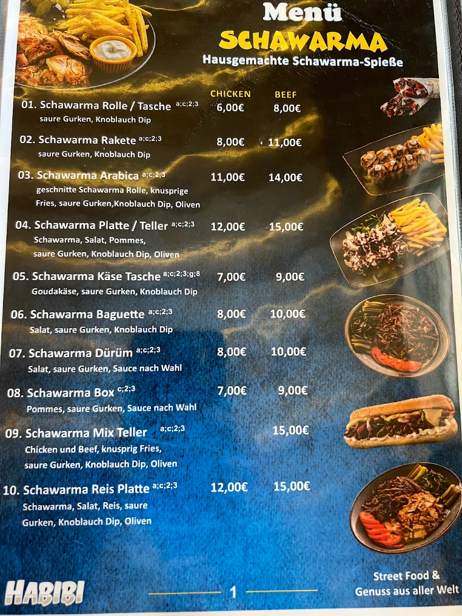 Speisekarte, Habibi Restaurant