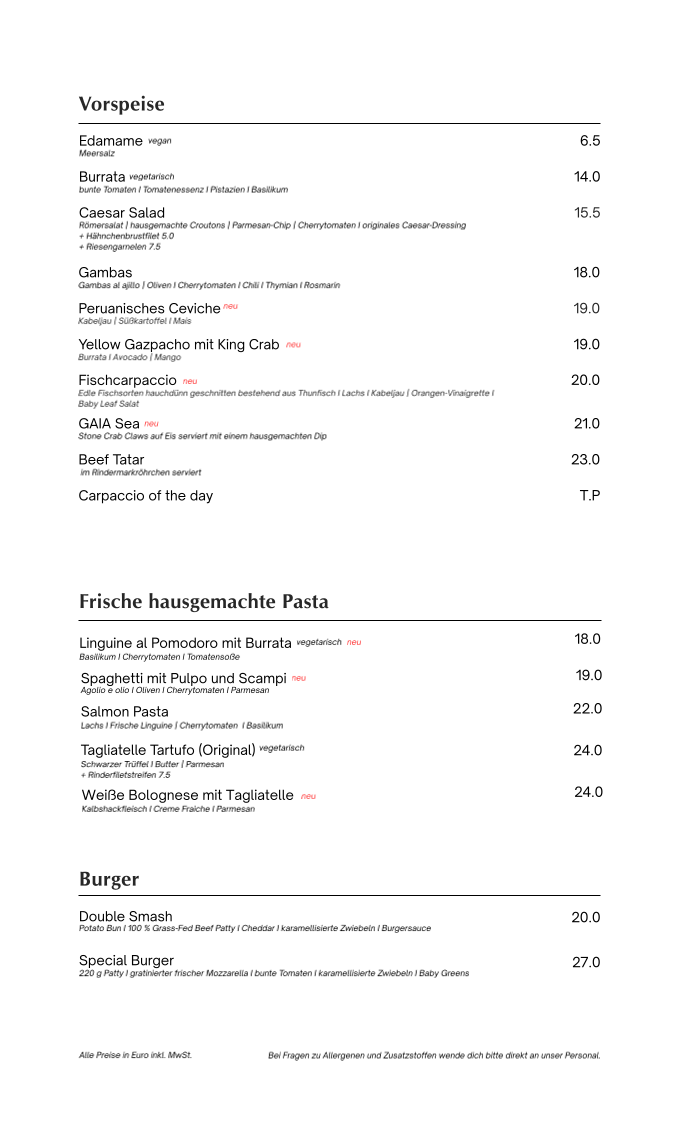 Speisekarte, GAIA Hamburg - Restaurant I Eventlocation