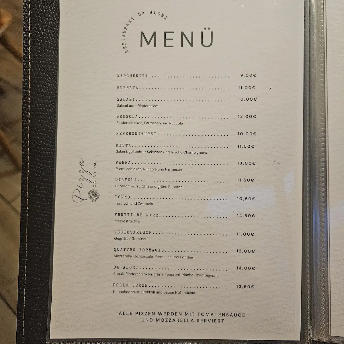 Speisekarte, Restaurant da Aloni
