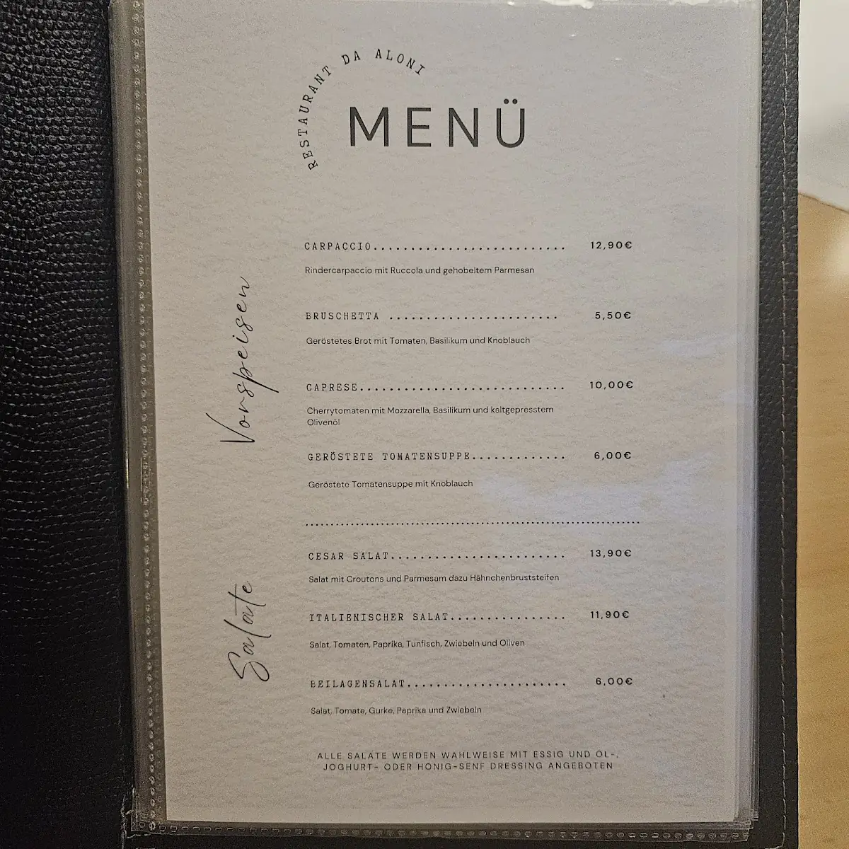 Speisekarte, Restaurant da Aloni