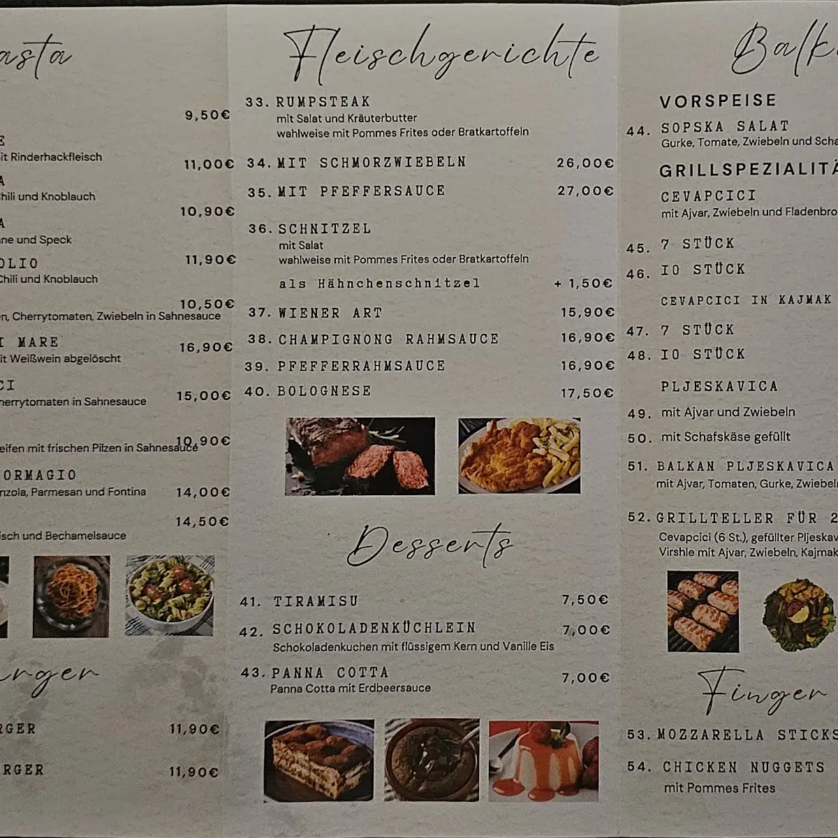 Speisekarte, Restaurant da Aloni