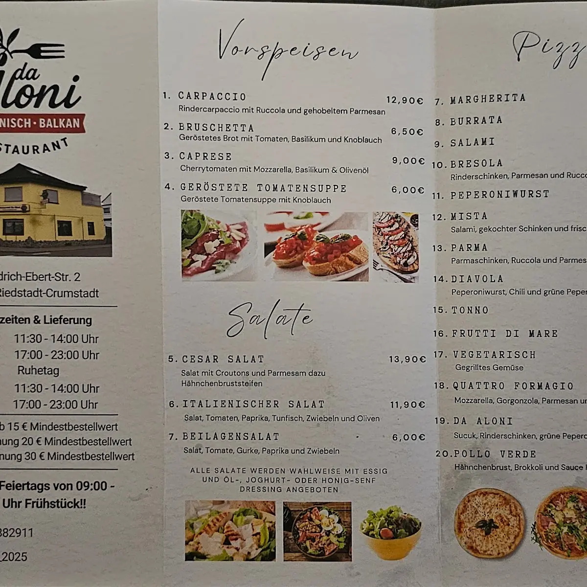 Speisekarte, Restaurant da Aloni
