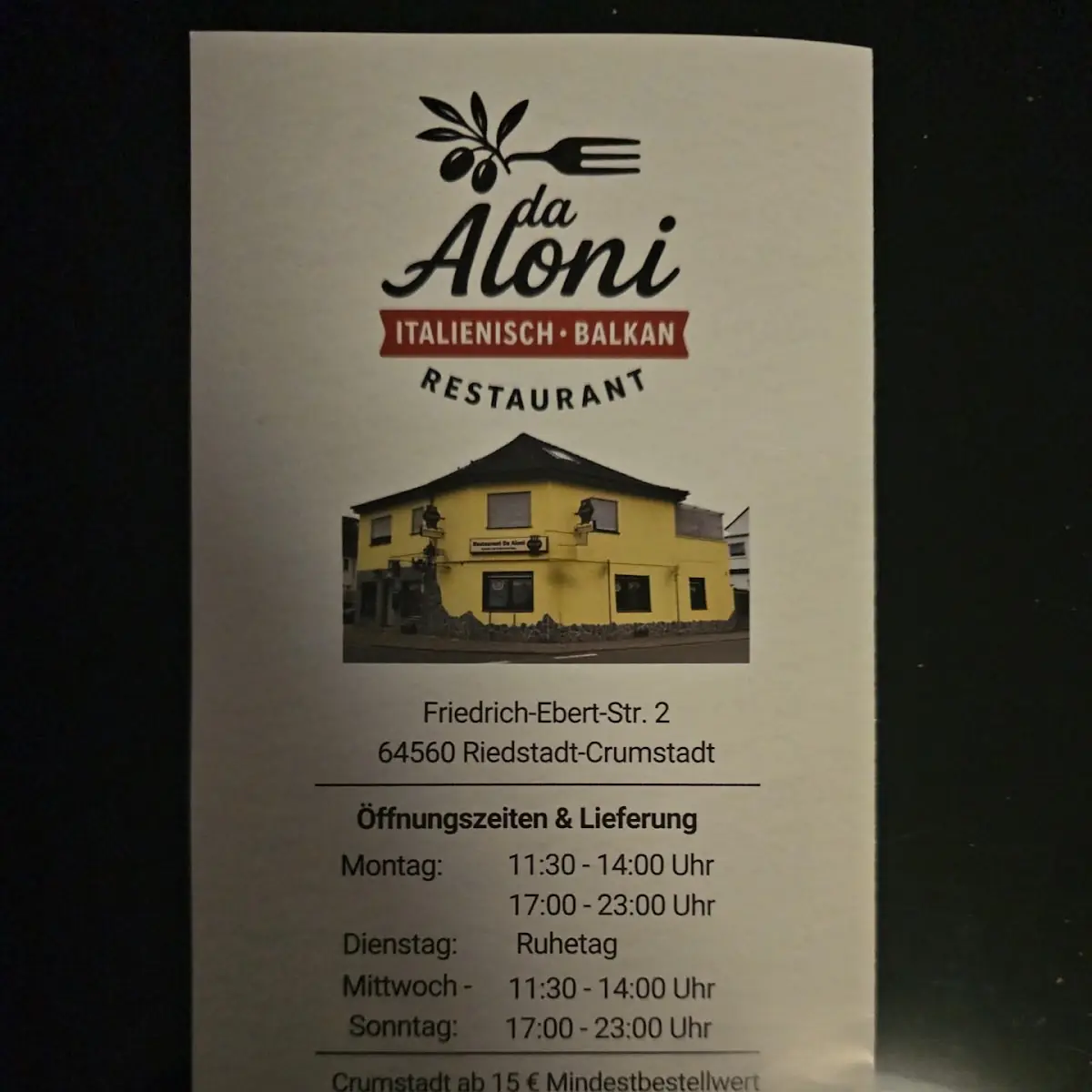 Speisekarte, Restaurant da Aloni