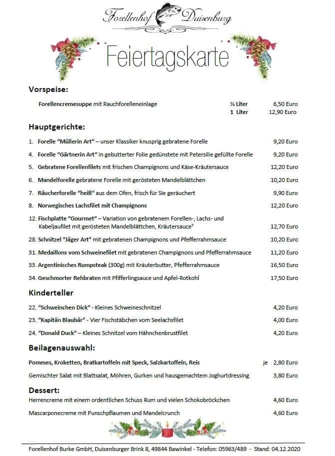 Speisekarte, Forellenhof Burke