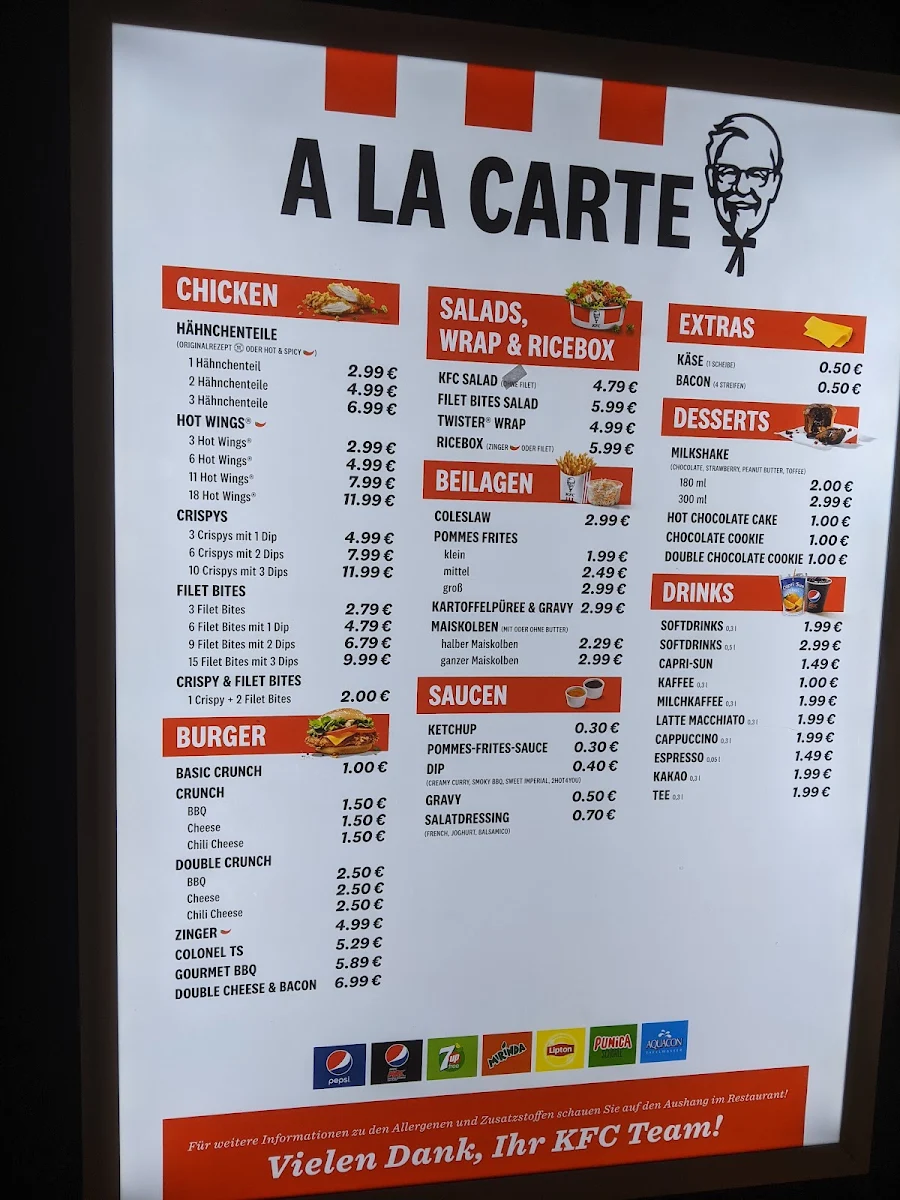 Speisekarte, Kentucky Fried Chicken