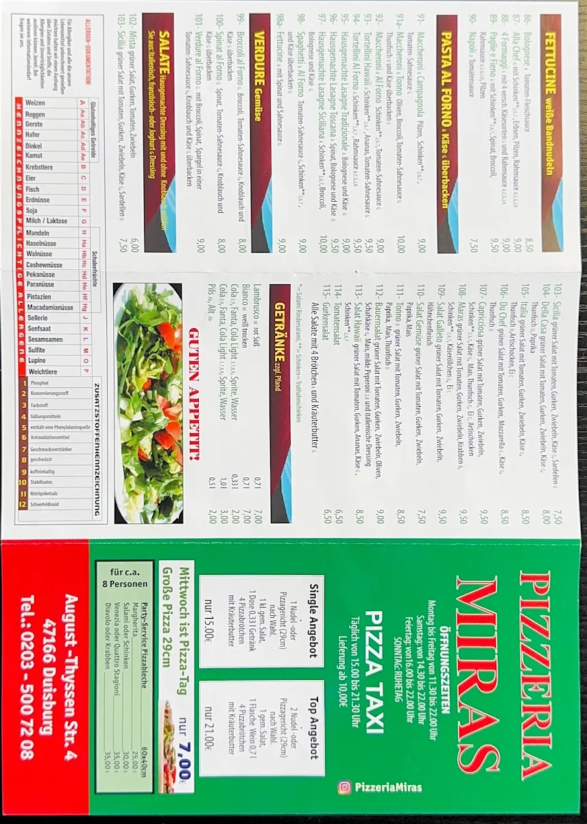 Speisekarte, Pizzeria Miras