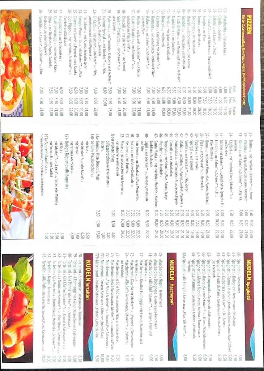 Speisekarte, Pizzeria Miras