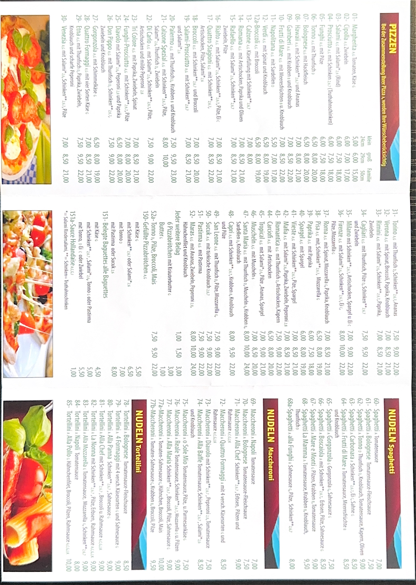 Speisekarte, Pizzeria Miras