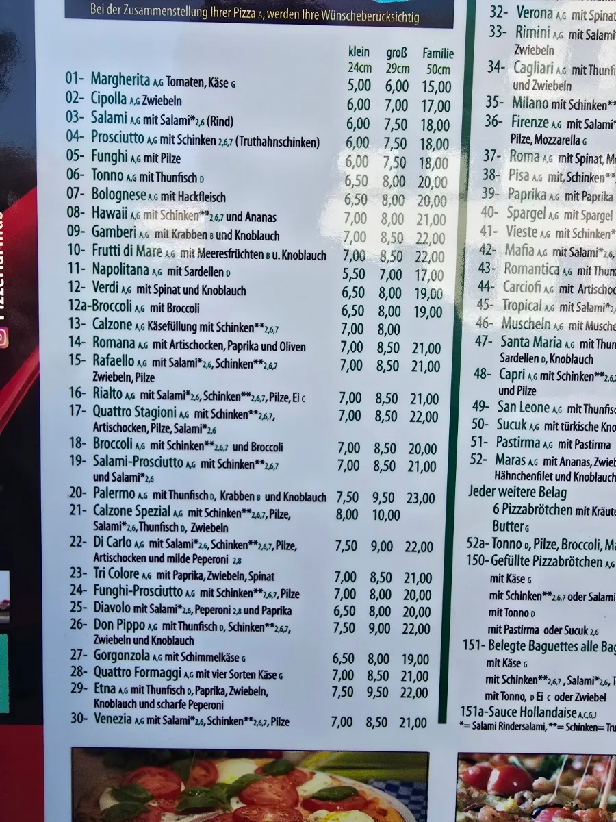Speisekarte, Pizzeria Miras