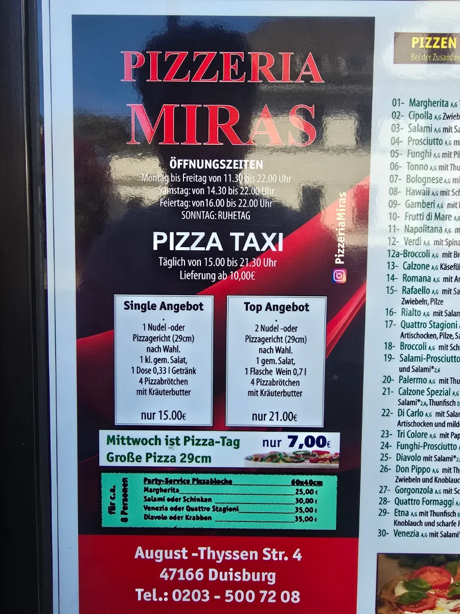 Speisekarte, Pizzeria Miras