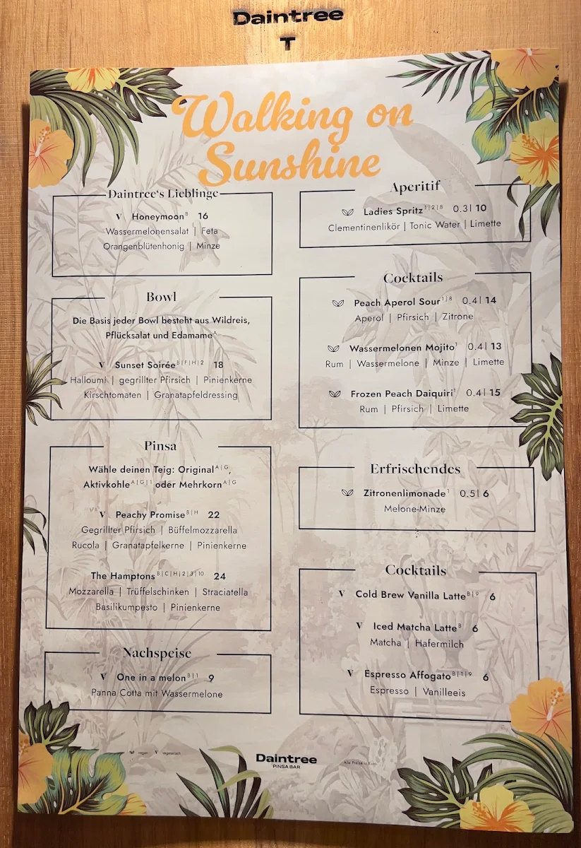 Speisekarte, Daintree Pinsa Bar