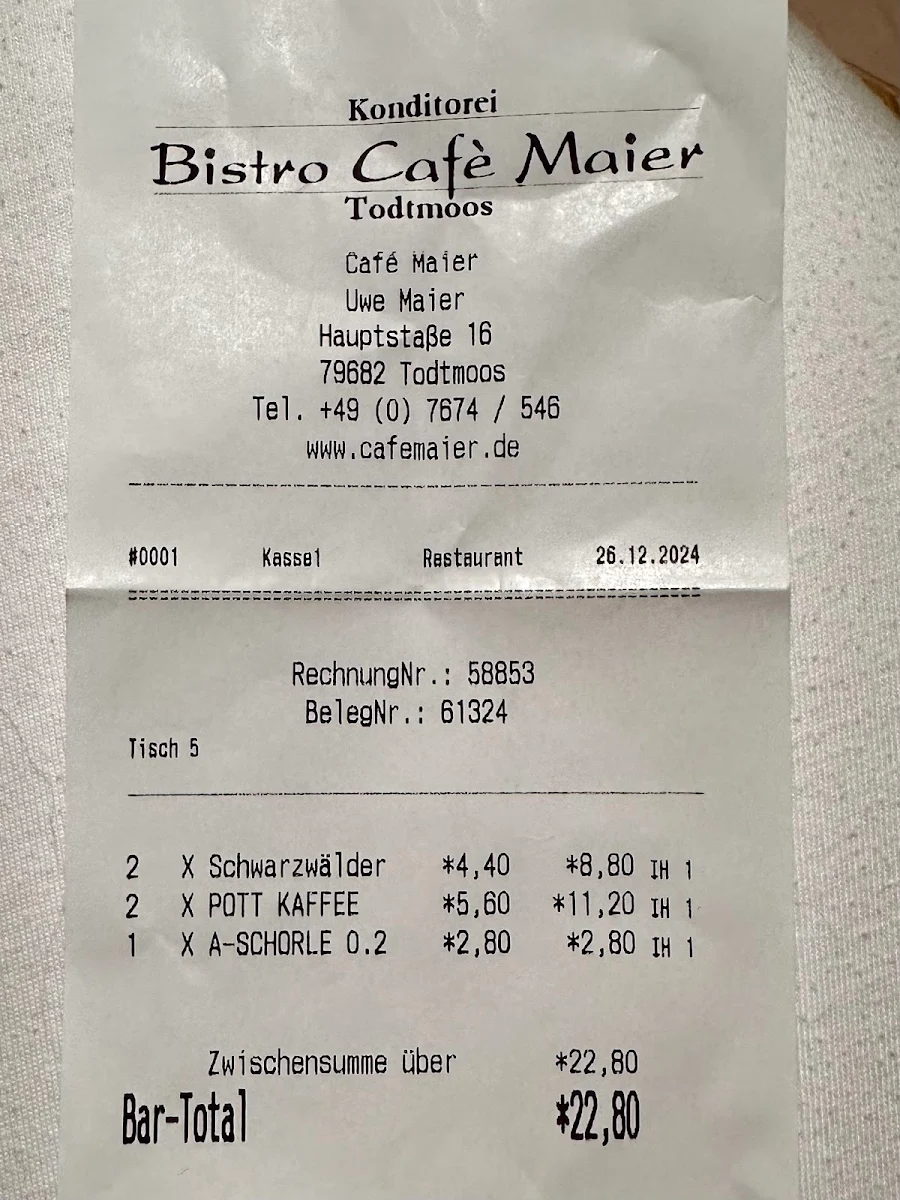 Speisekarte, Café Maier