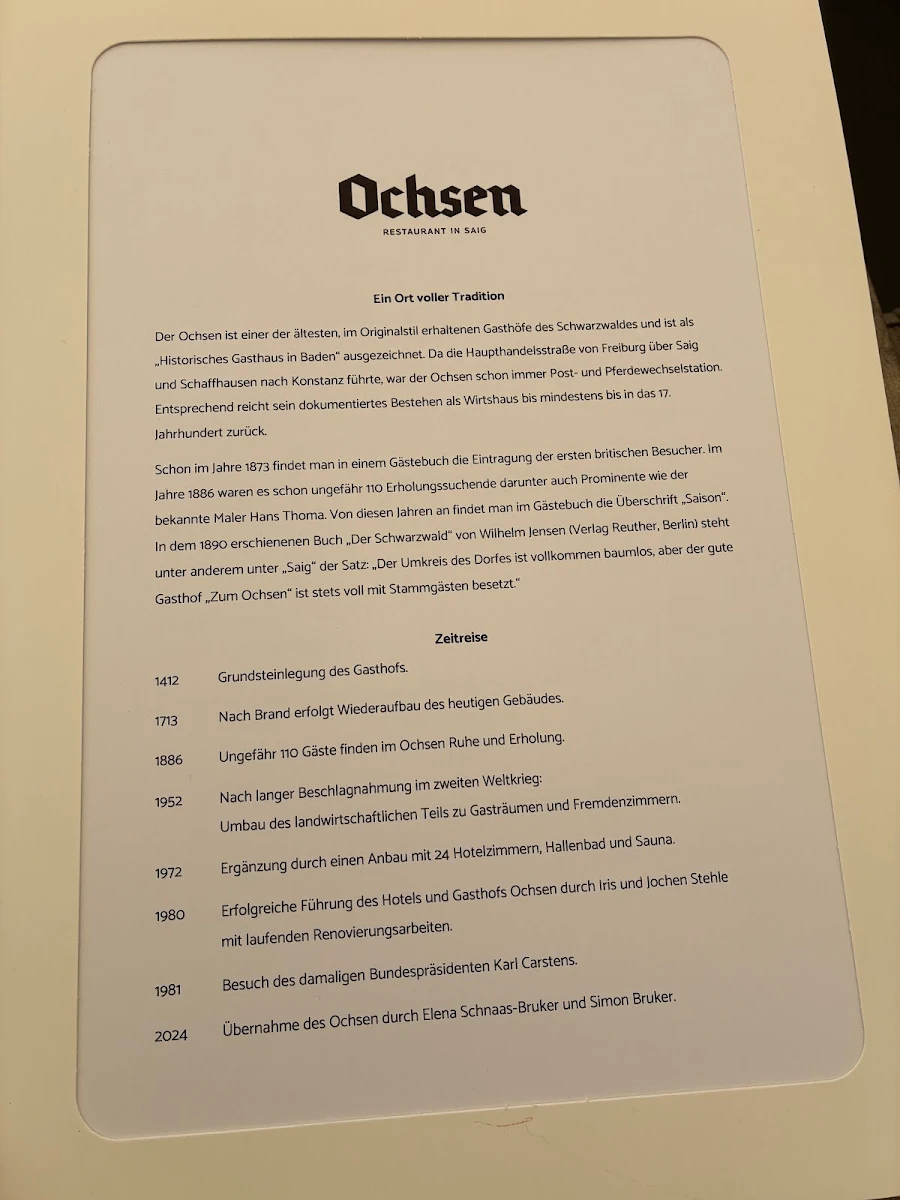 Speisekarte, Restaurant Ochsen