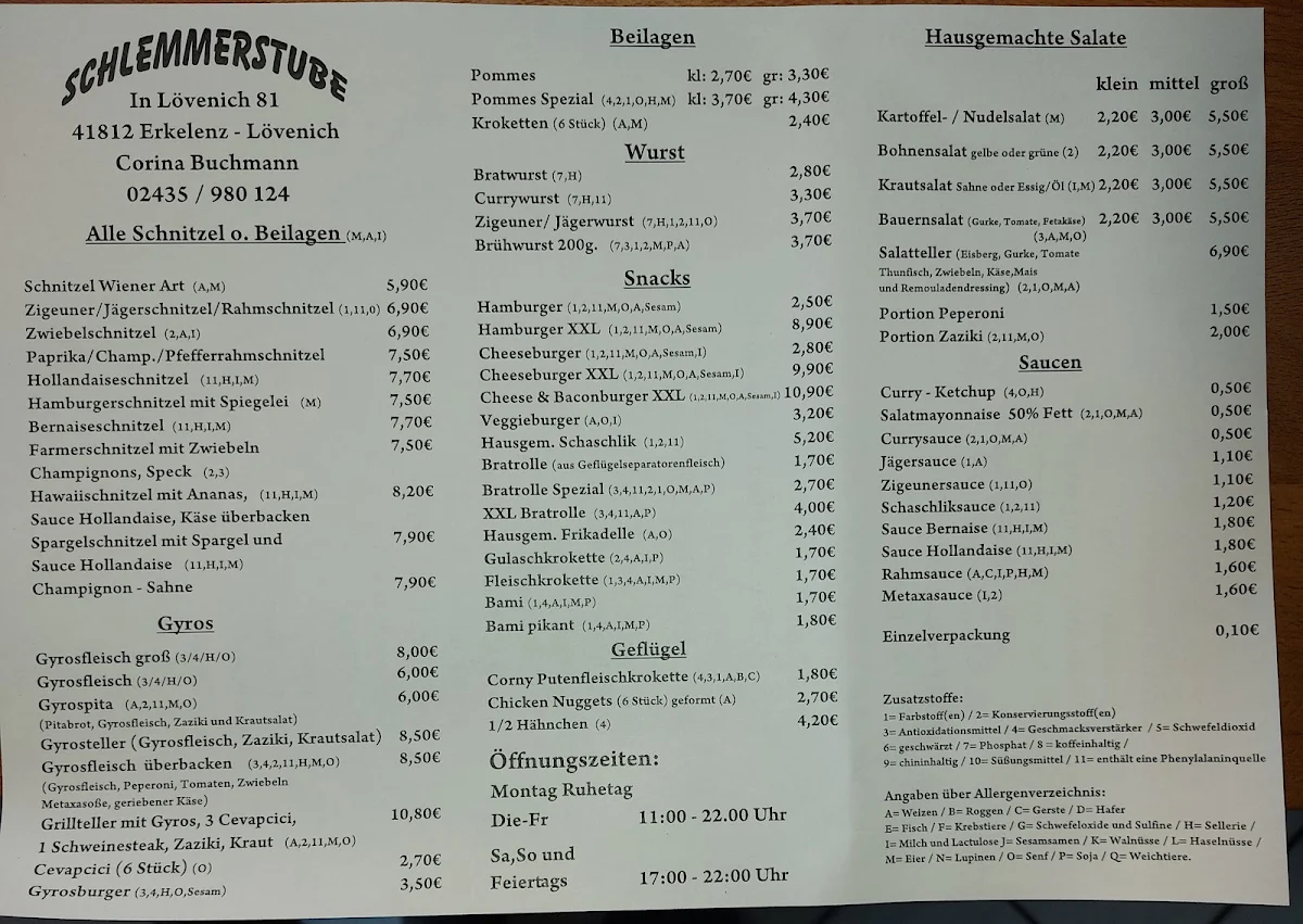 Speisekarte, Imbiss Schlemmerstube Rippegarten/Hoffmanns-Weckop