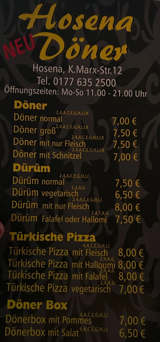 Speisekarte, Hosena Döner