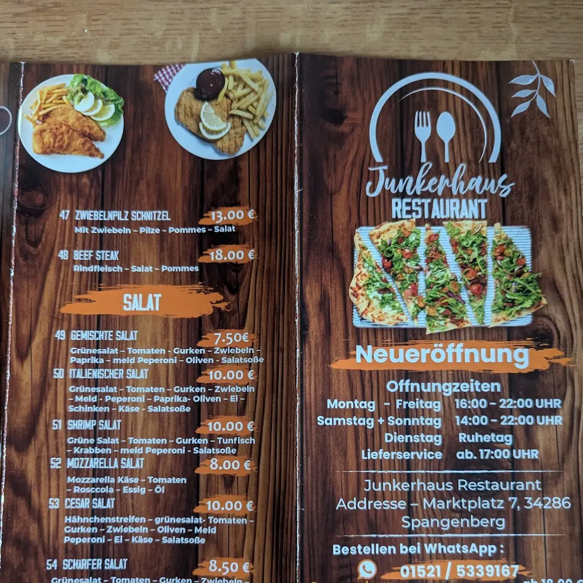 Speisekarte, Junkerhaus Restaurant