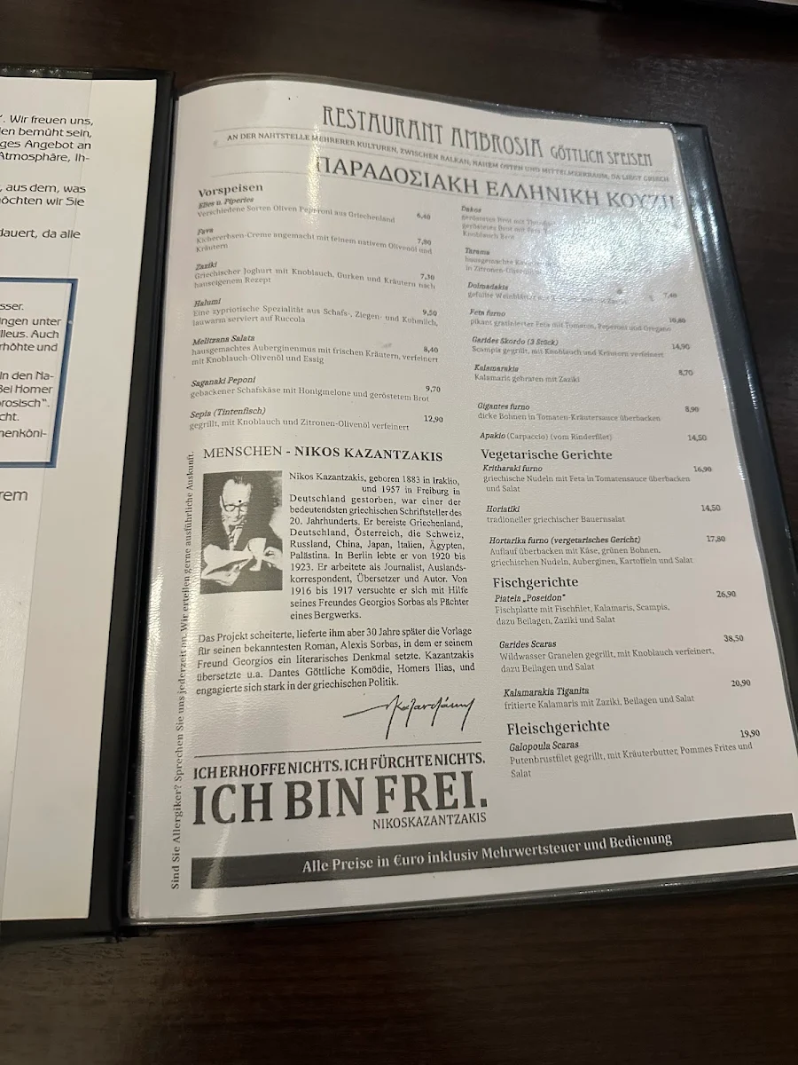Speisekarte, Restaurant Ambrosia