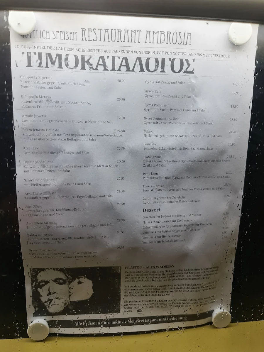 Speisekarte, Restaurant Ambrosia