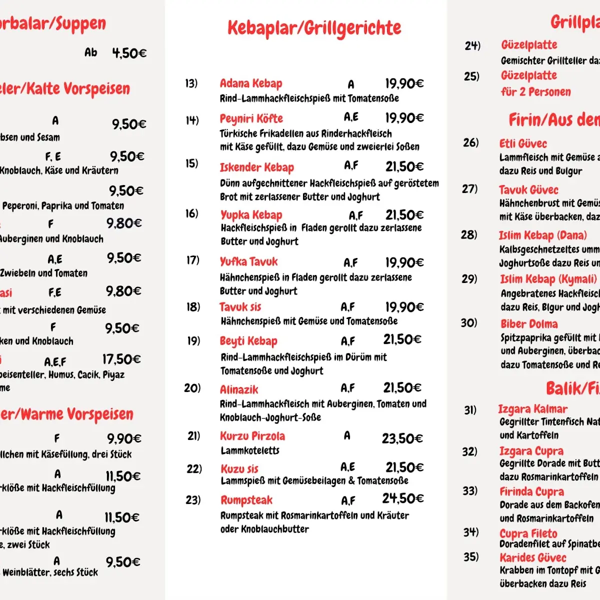 Speisekarte, Güzel Türkisches Restaurant