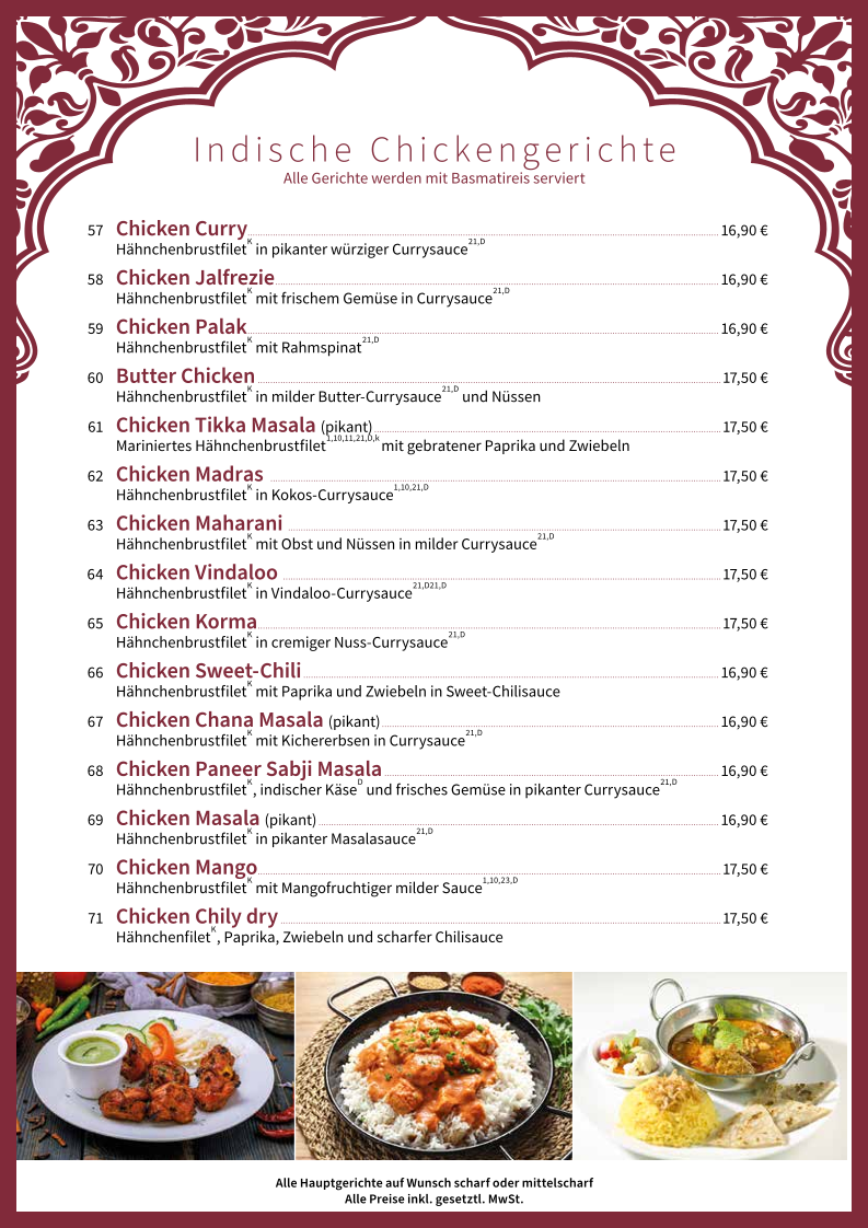 Speisekarte, Indische Tandoori