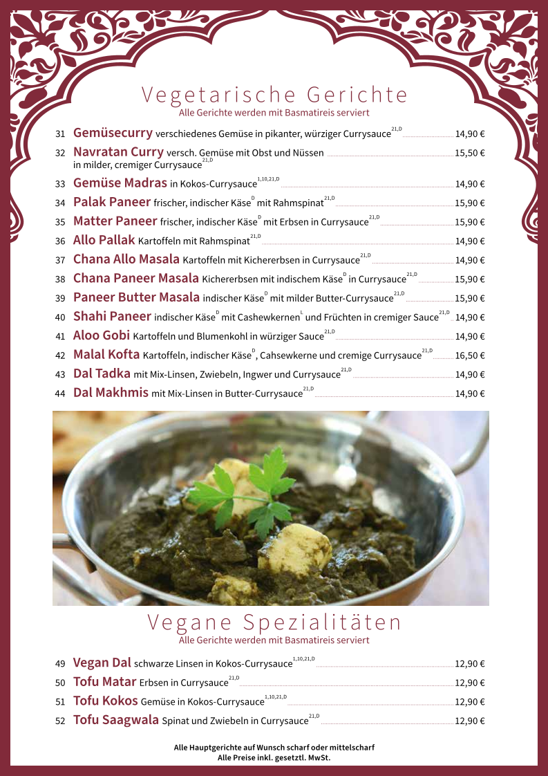 Speisekarte, Indische Tandoori