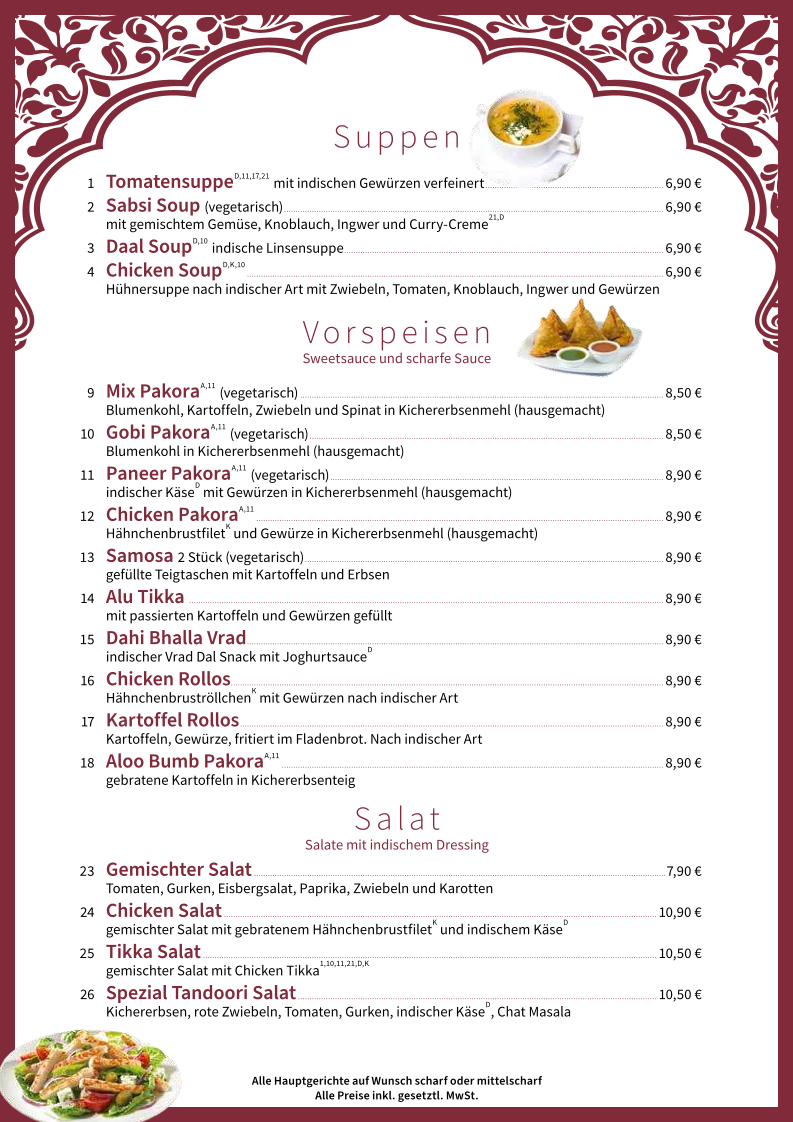 Speisekarte, Indische Tandoori