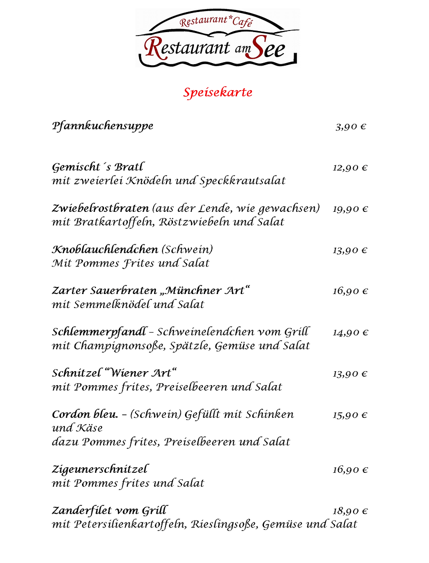 Speisekarte, Restaurant am See