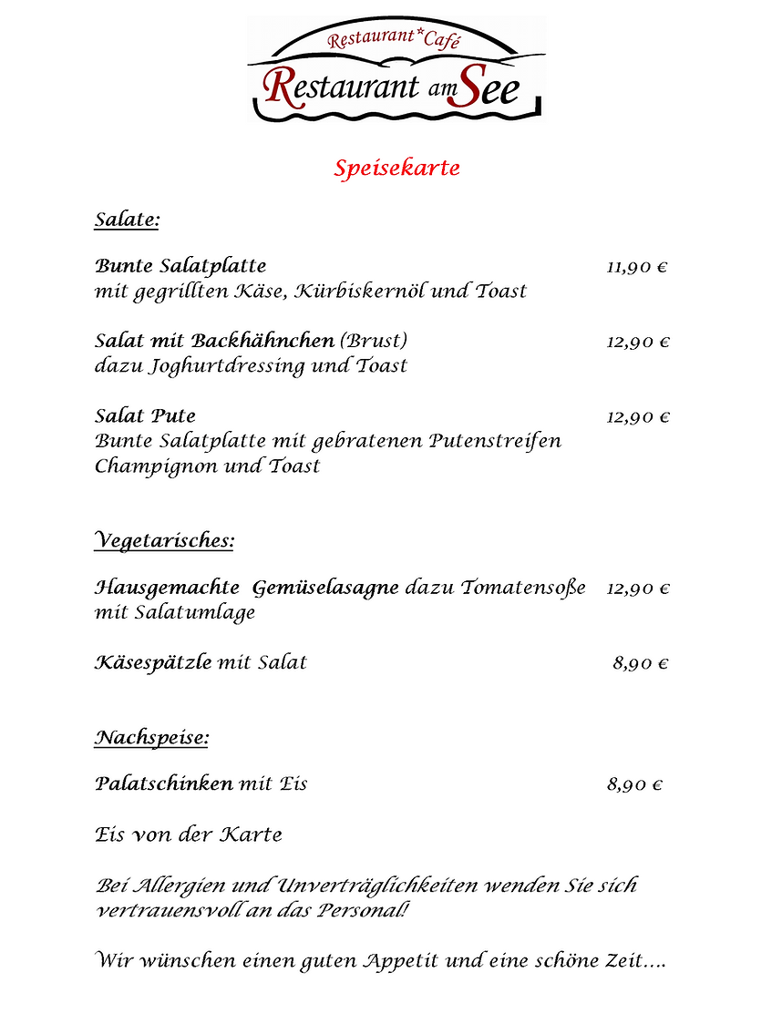 Speisekarte, Restaurant am See