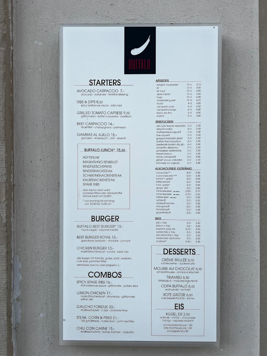 Speisekarte, Buffalo Das Steakhaus