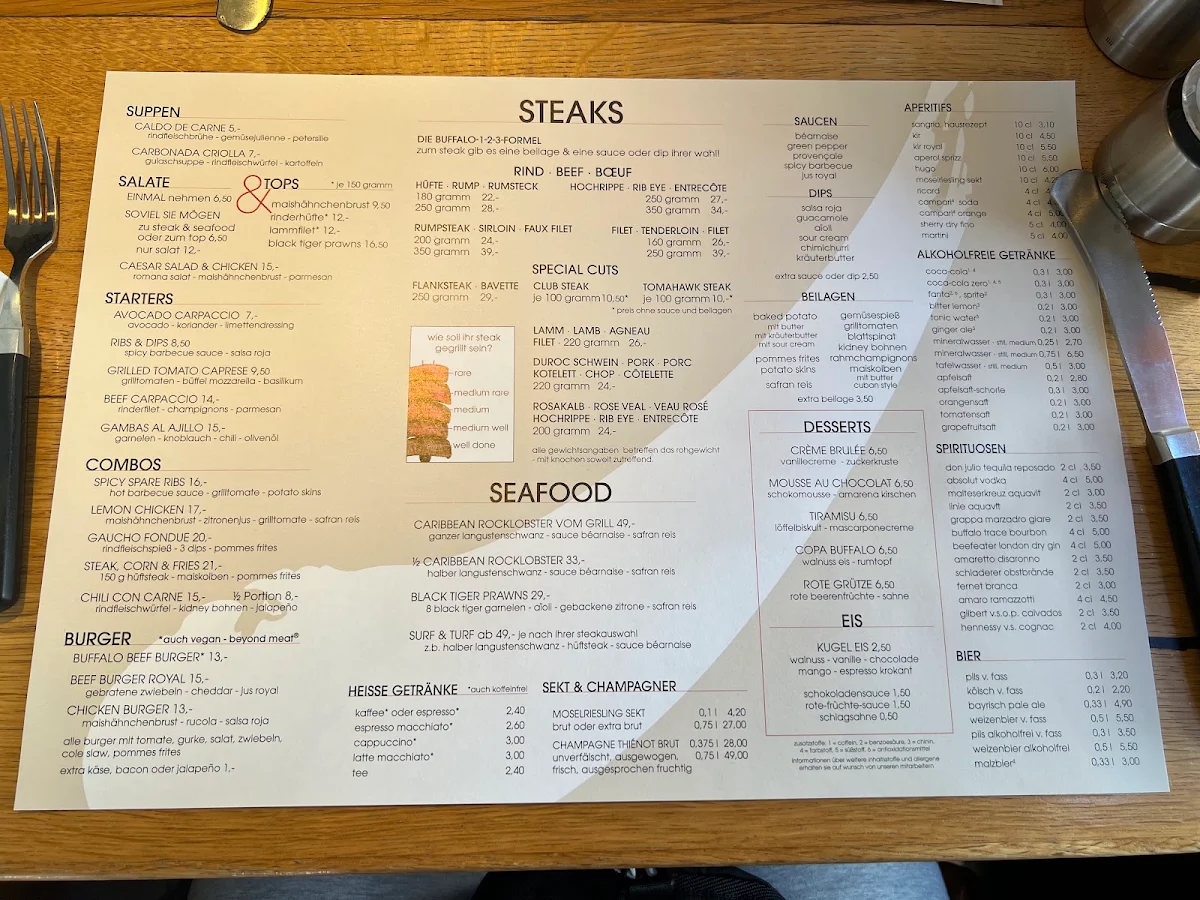 Speisekarte, Buffalo Das Steakhaus