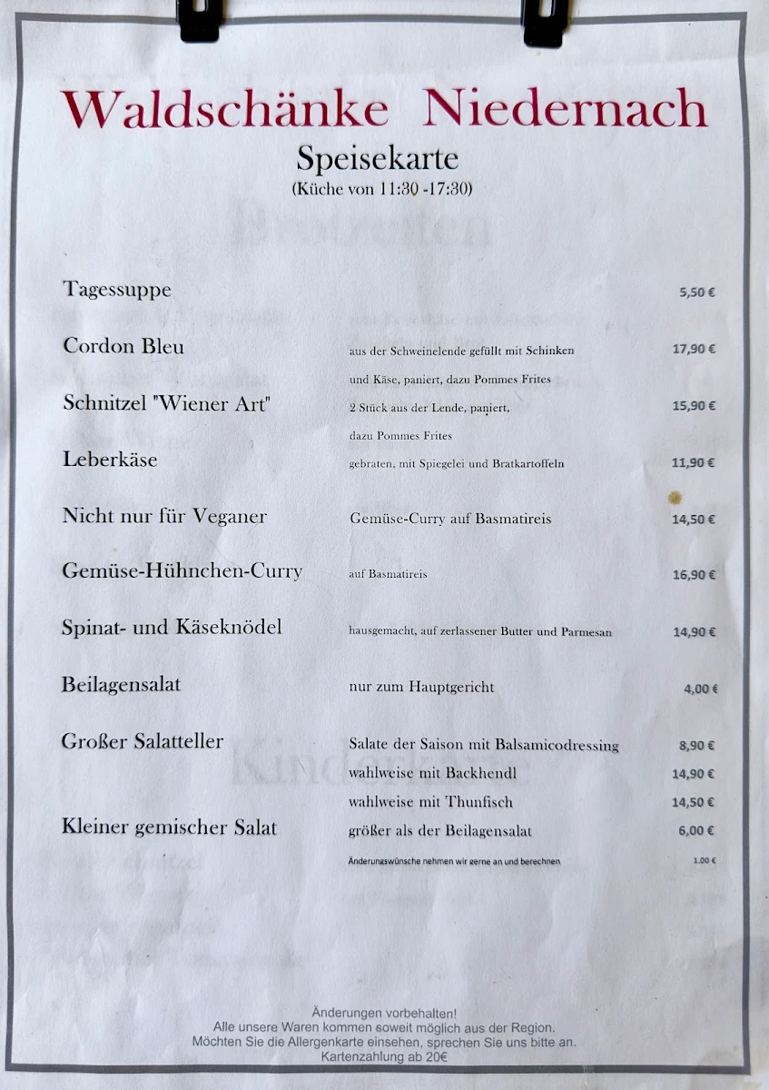 Speisekarte, Waldschänke Niedernach