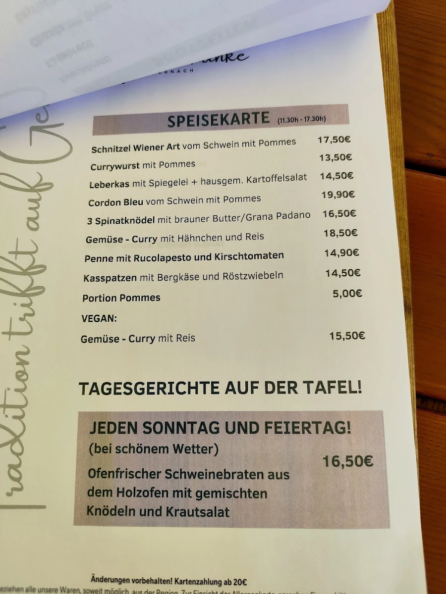 Speisekarte, Waldschänke Niedernach
