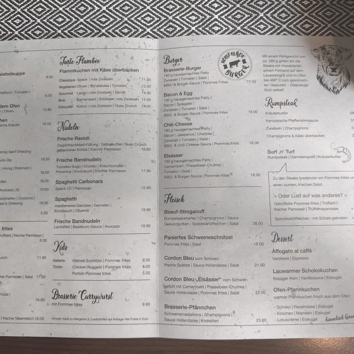 Speisekarte, Brasserie an der Ahr