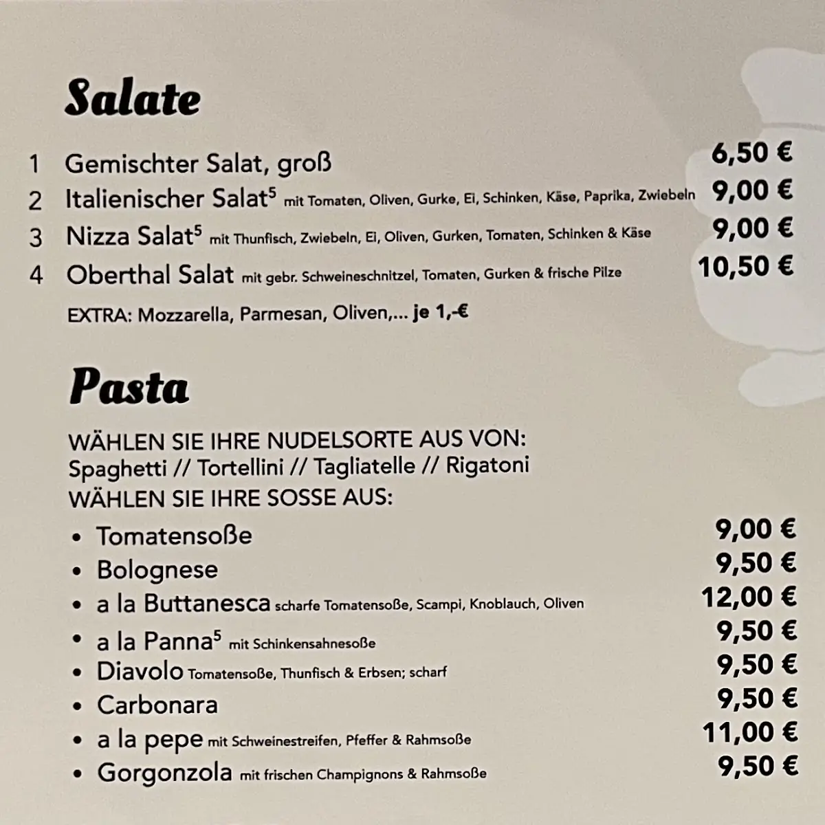 Speisekarte, Pizzeria Bella Italia
