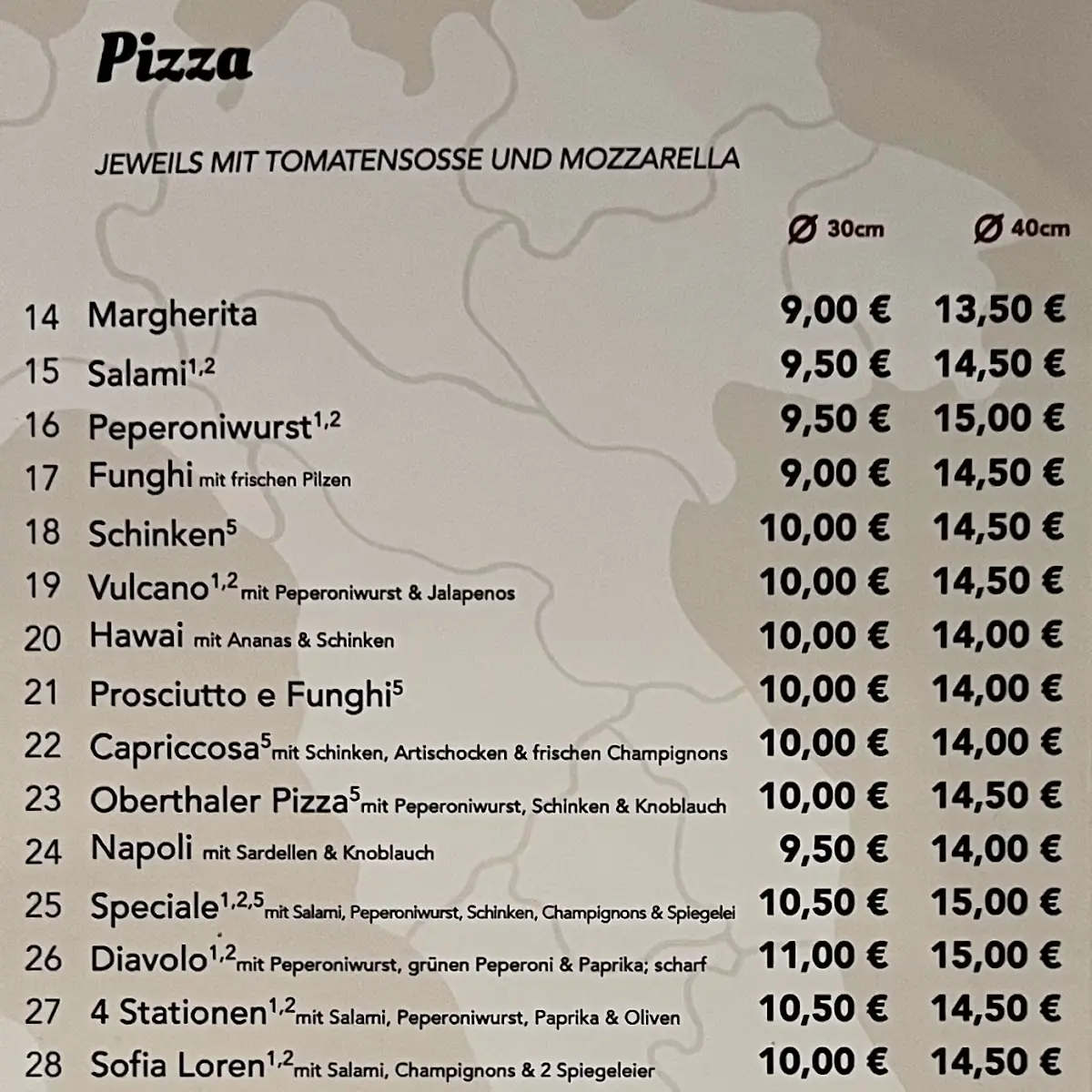 Speisekarte, Pizzeria Bella Italia