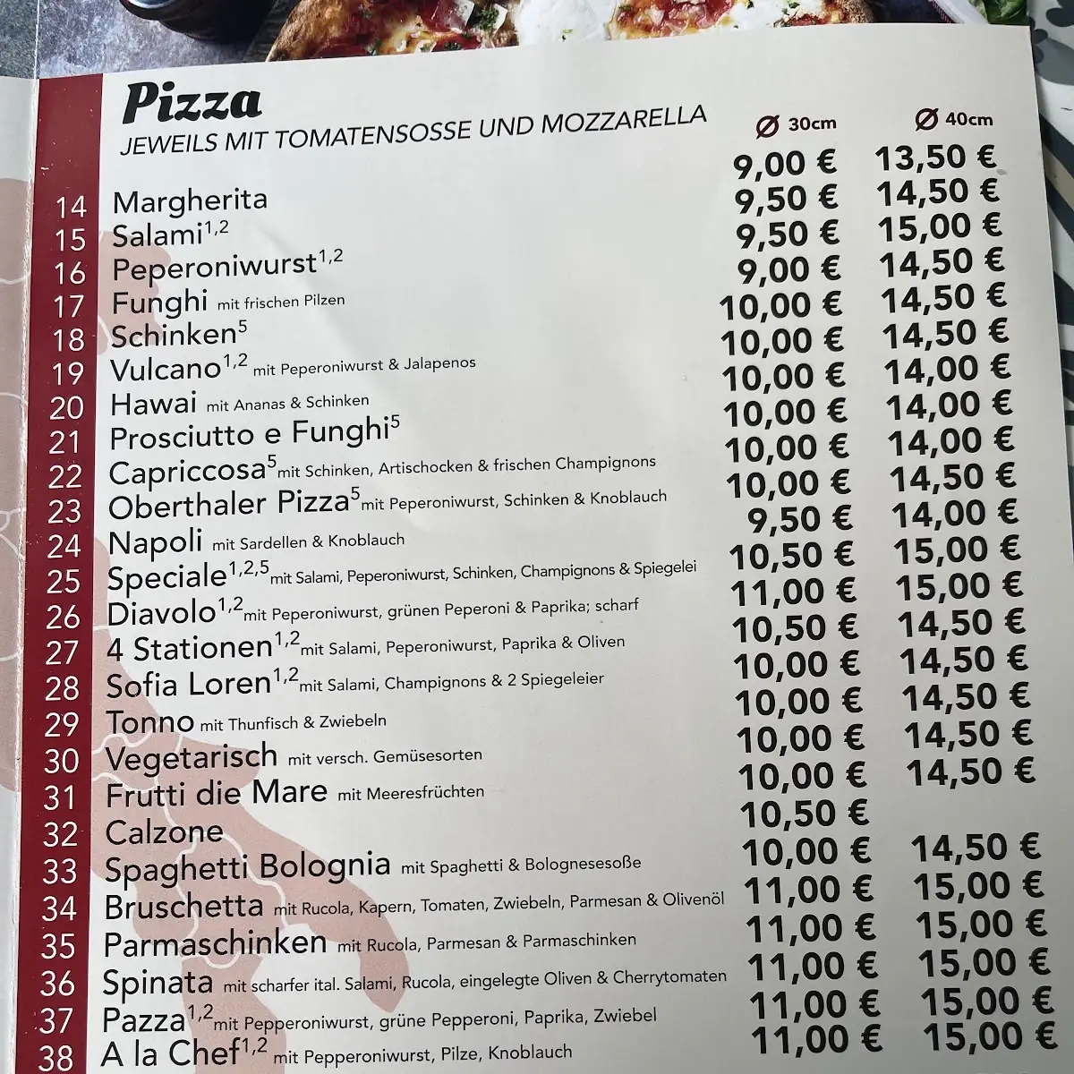Speisekarte, Pizzeria Bella Italia