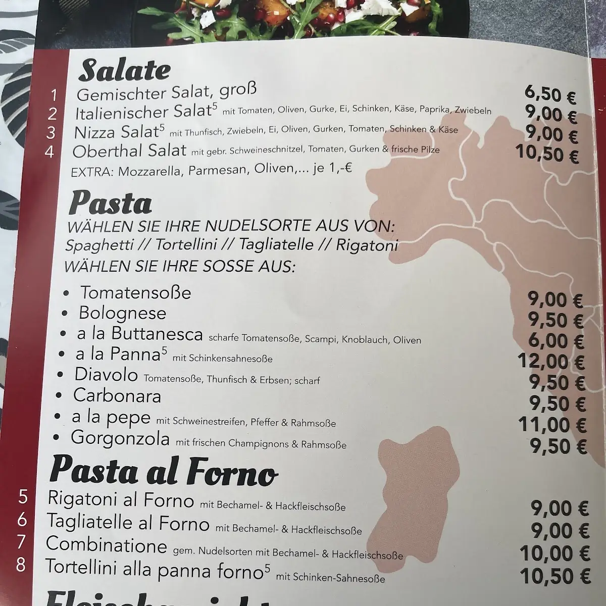 Speisekarte, Pizzeria Bella Italia