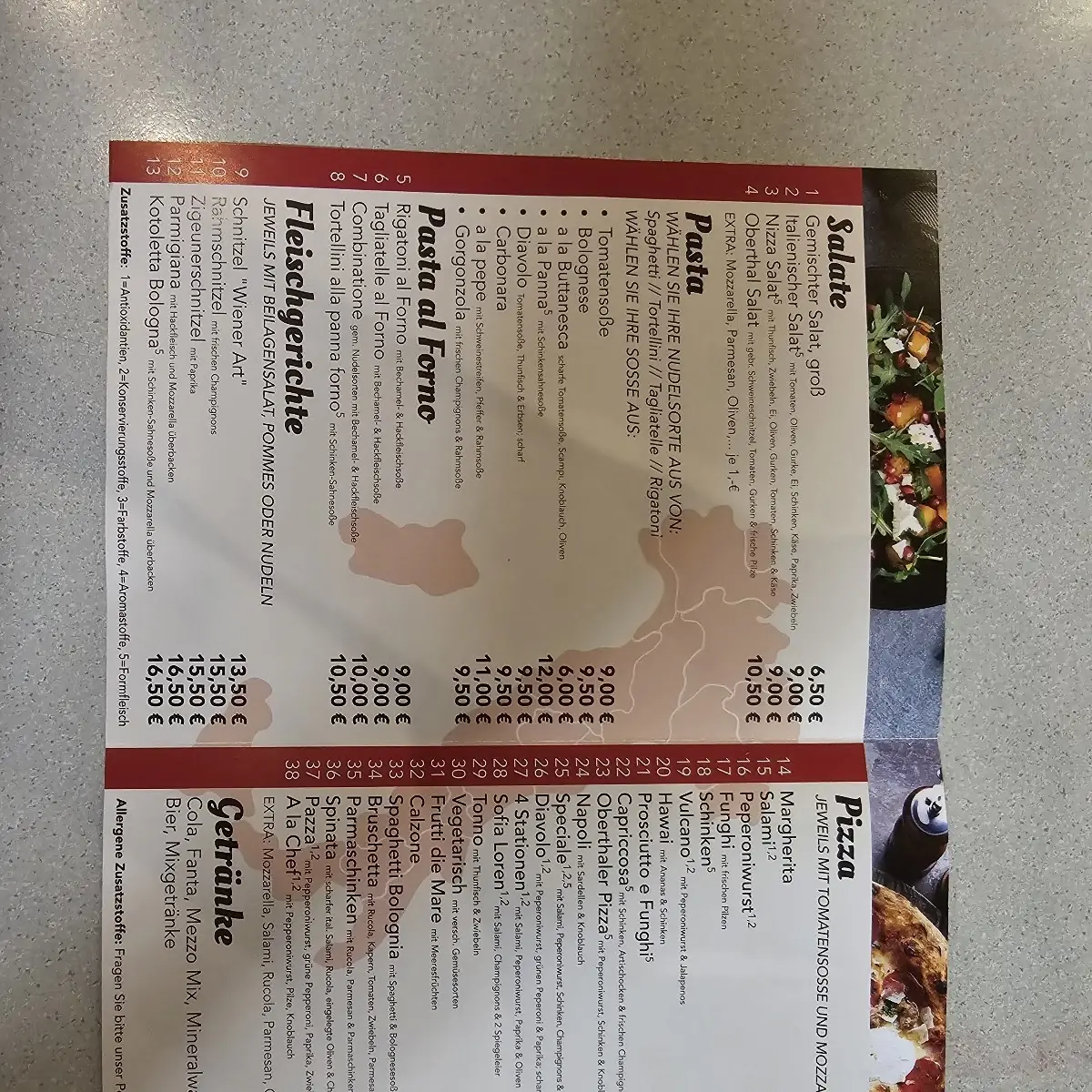 Speisekarte, Pizzeria Bella Italia