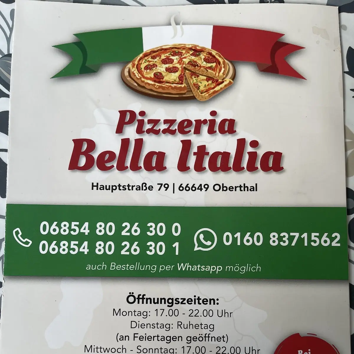 Speisekarte, Pizzeria Bella Italia