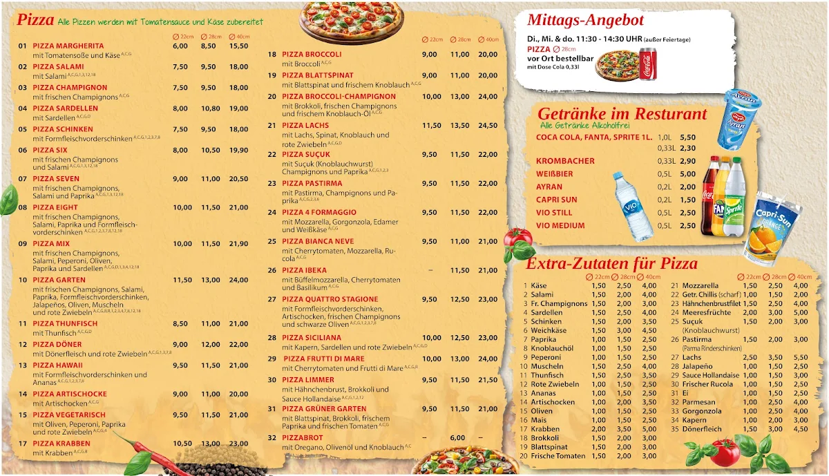 Speisekarte, Pizza Garten Hannover