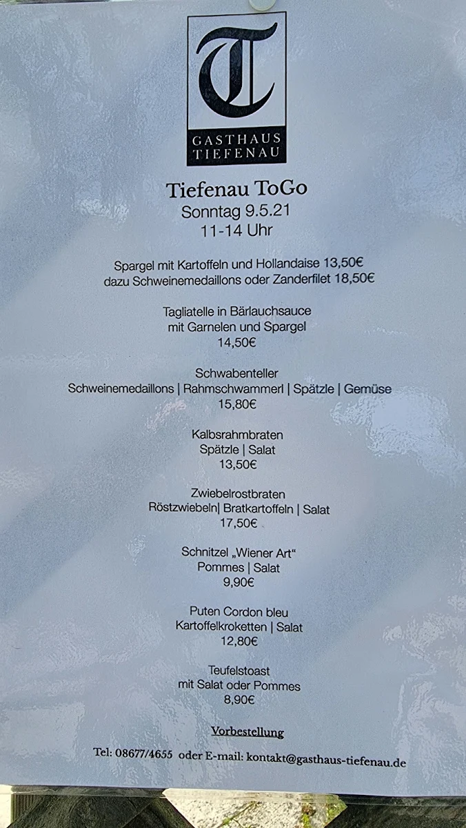Speisekarte, Ausflugsgaststätte Tiefenau