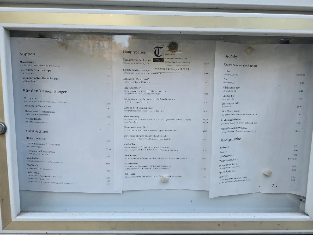 Speisekarte, Ausflugsgaststätte Tiefenau
