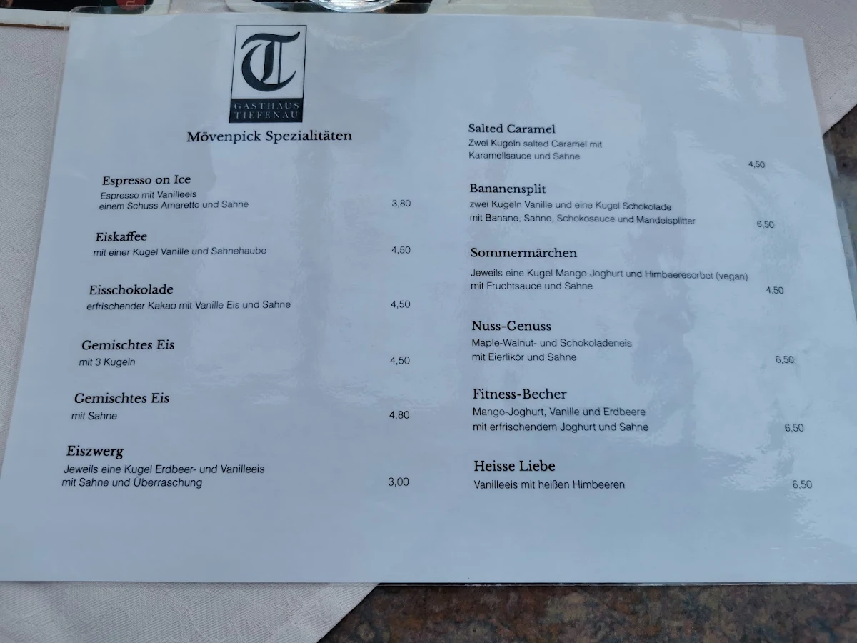 Speisekarte, Ausflugsgaststätte Tiefenau