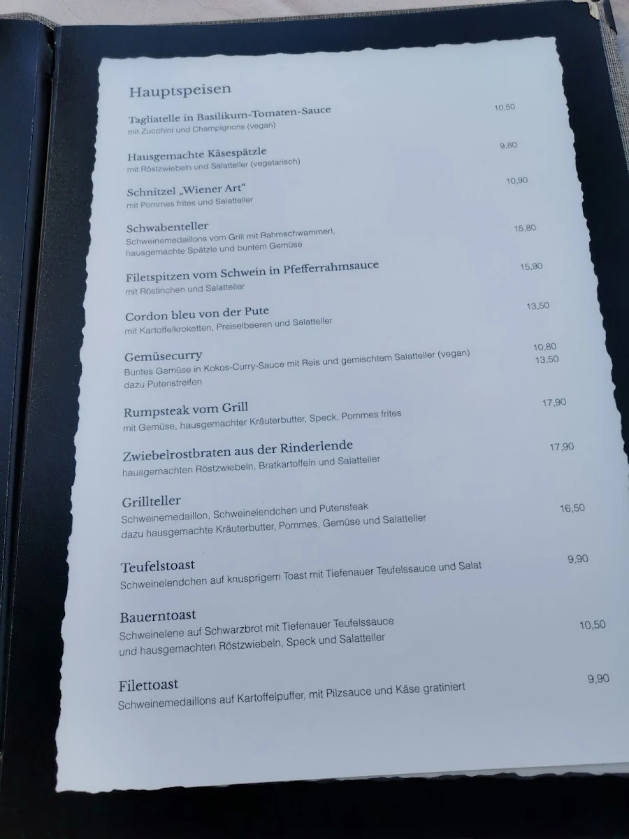 Speisekarte, Ausflugsgaststätte Tiefenau
