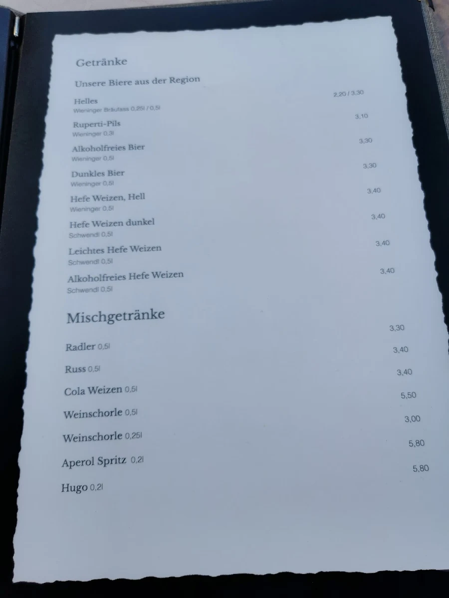 Speisekarte, Ausflugsgaststätte Tiefenau