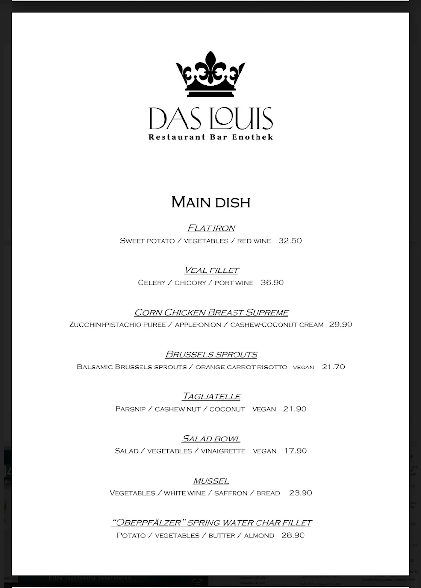 Speisekarte, Restaurant Das Louis