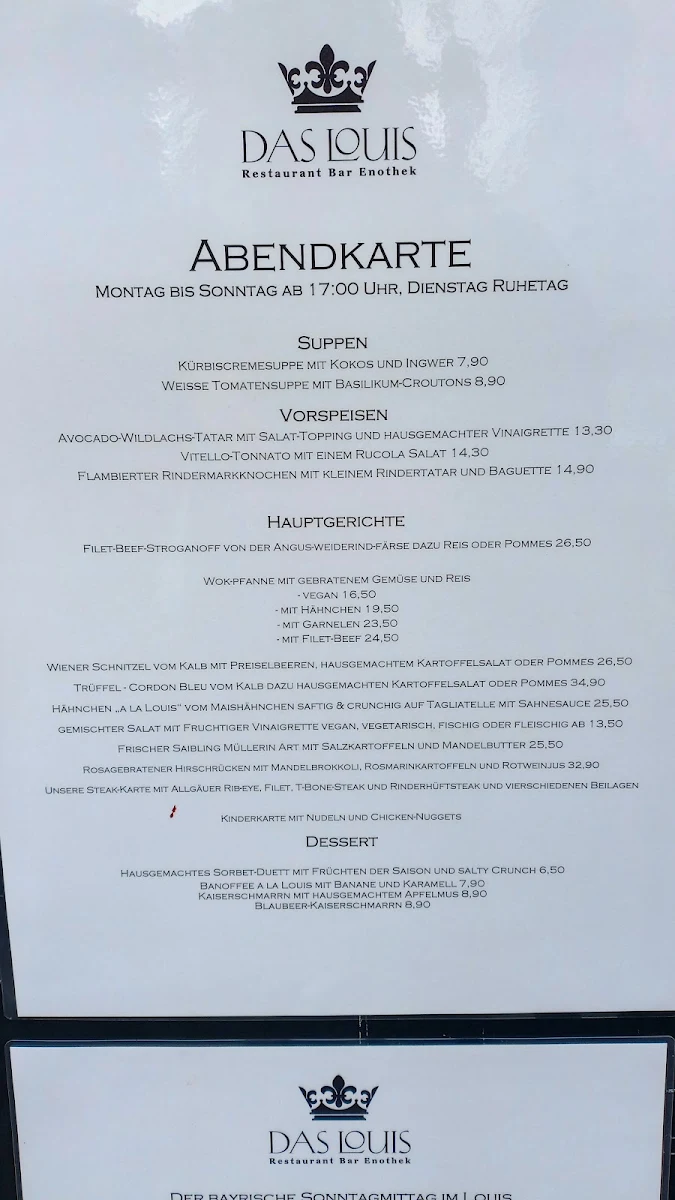 Speisekarte, Restaurant Das Louis
