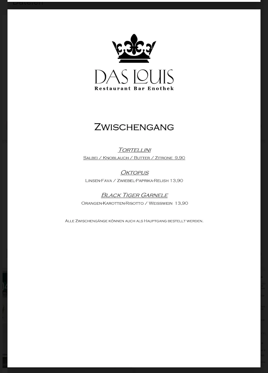 Speisekarte, Restaurant Das Louis